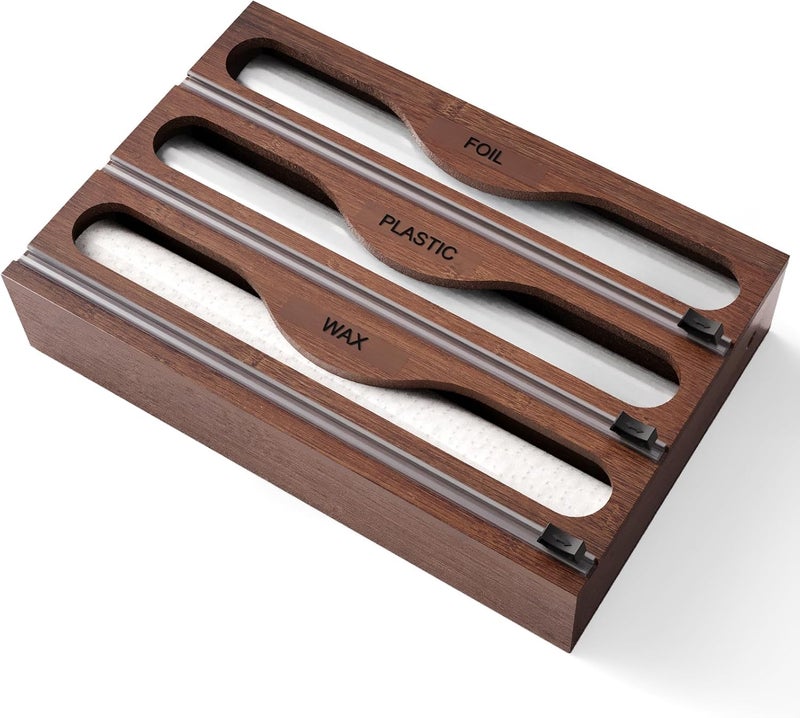 Danfoxer Wrap Dispenser with Cutter and Labels, Plastic Wrap Organizer For Kitchen,Bamboo 3-in-1 Wrap Dispensers for Cling Wrap Aluminum Foil and Wax,Storage Organization Holder（Brown） - Image 1